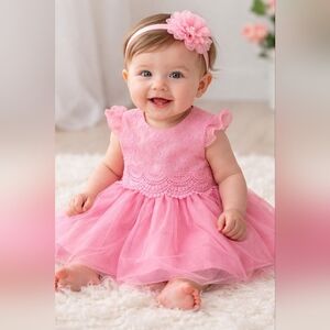 Carter's Pink Tulle Floral Embroidered Flutter Sleeve Dress